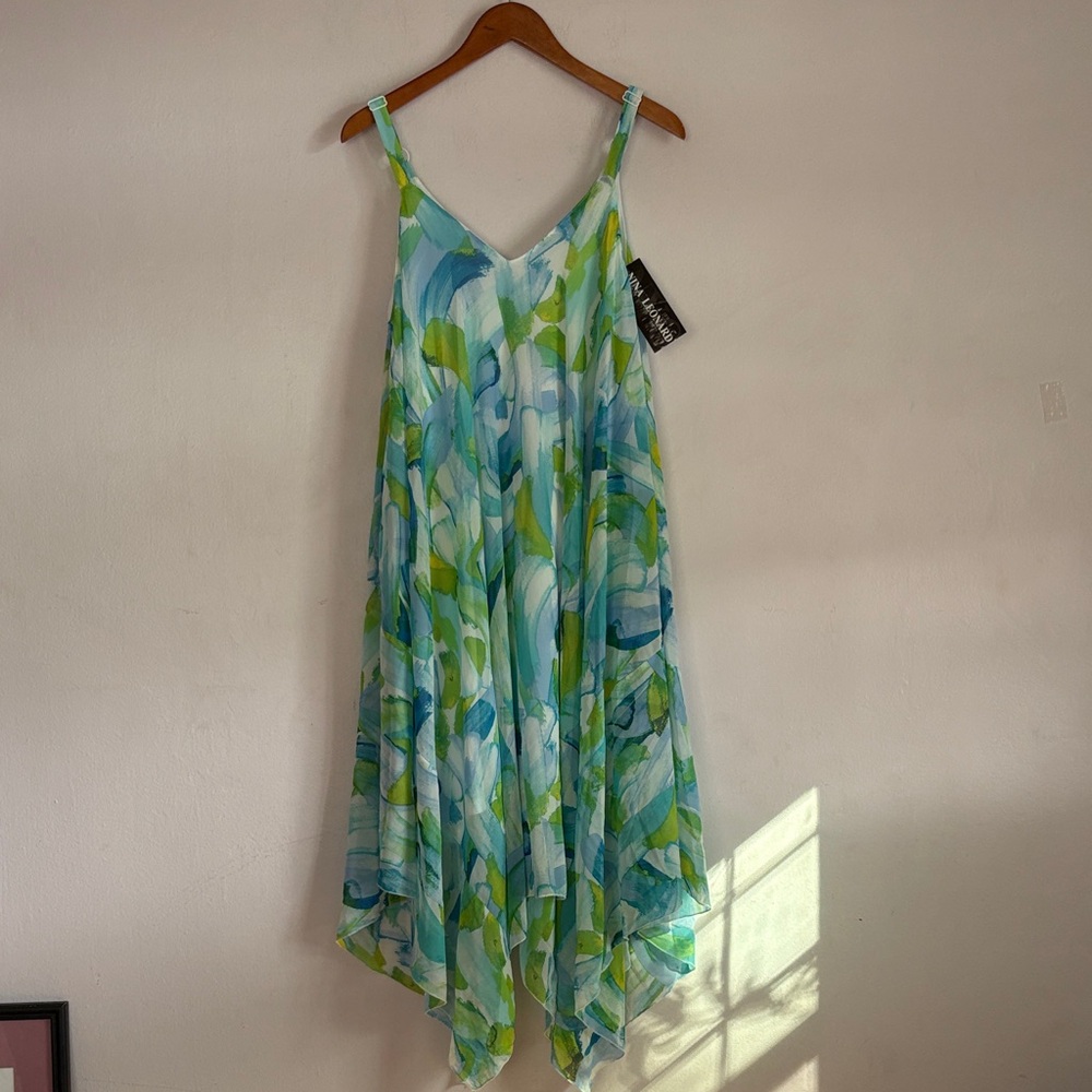 Nina Leonard Blue & Green Watercolor Asymmetrical Handkerchief Hem Dress